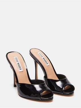 Steve Madden PRIYA Black Patent Peep-Toe Mule Heels